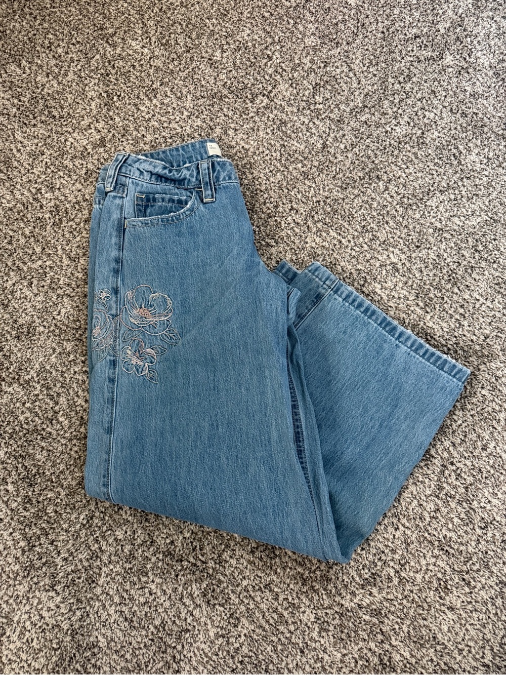 Hollister Light Blue Super Baggy Style Jeans with Floral Embroidery